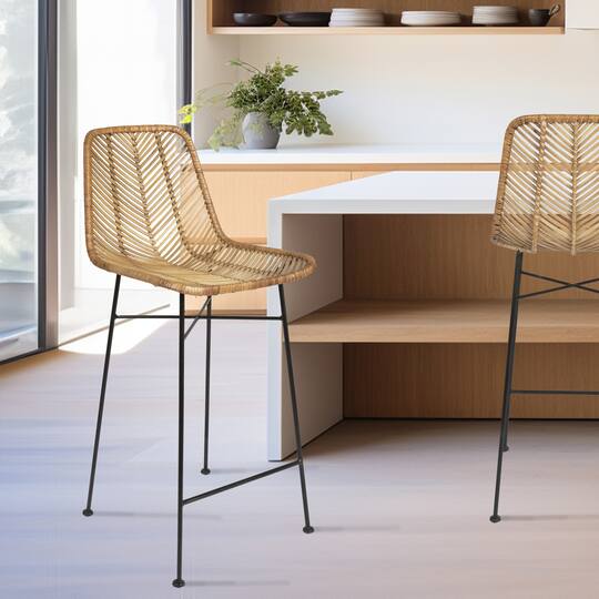 Hello Honey® 40.5" Beige Rattan Bar Stool with Black Metal Frame